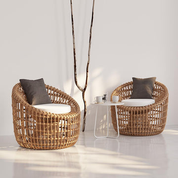 Austen Rattan Outdoor Barrel Chair Nest Shape Sidechair with Cushion in Brown